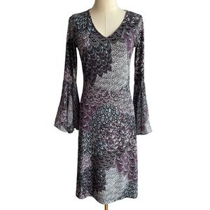 Cleo Paisley Bell Sleeve Dress Sz XS Feminine Peacock Below Knee Pretty Classy